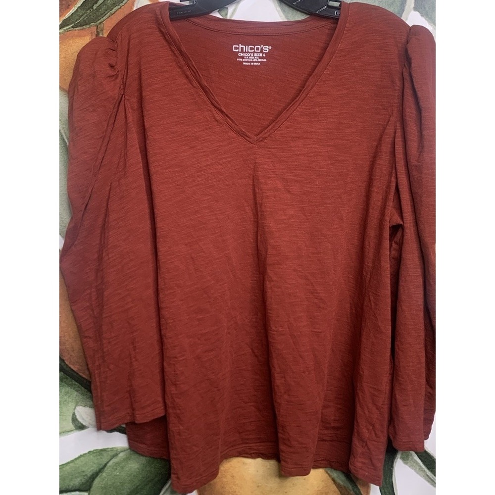 Chicos Size Size 4 US XL Ruched Shoulder 3/4 Sleeves Cotton Modal  Blouse